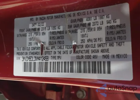 2022 Mazda Cx-30 Premium z USA, uszkodzony, nr VIN 3MVDMBDL0NM412458